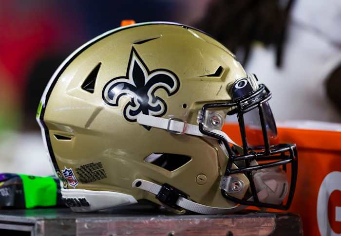 view of a New Orleans Saints helmet at State Farm Stadium.